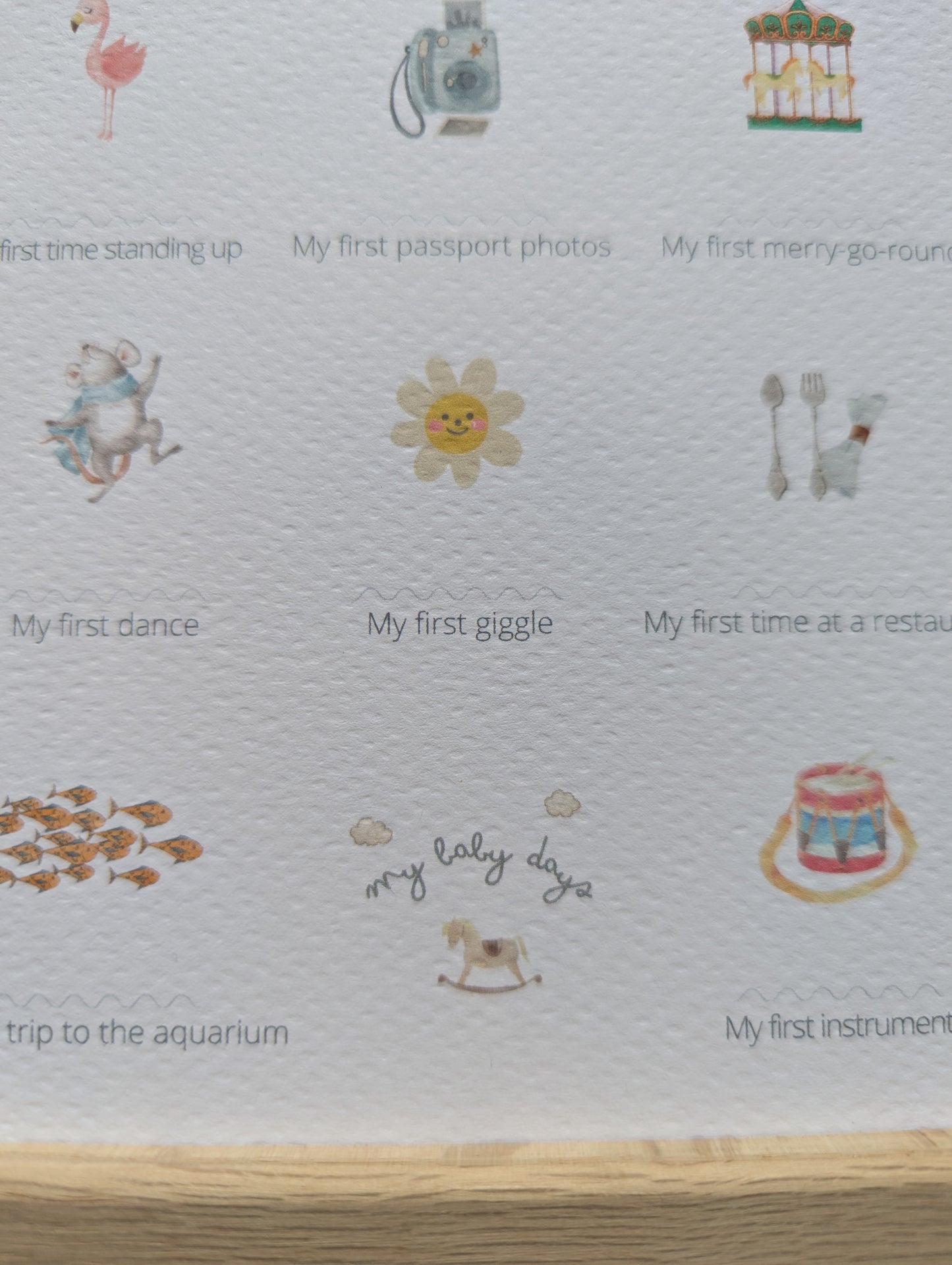 Detail of All My Firsts Goose print showing My first giggle