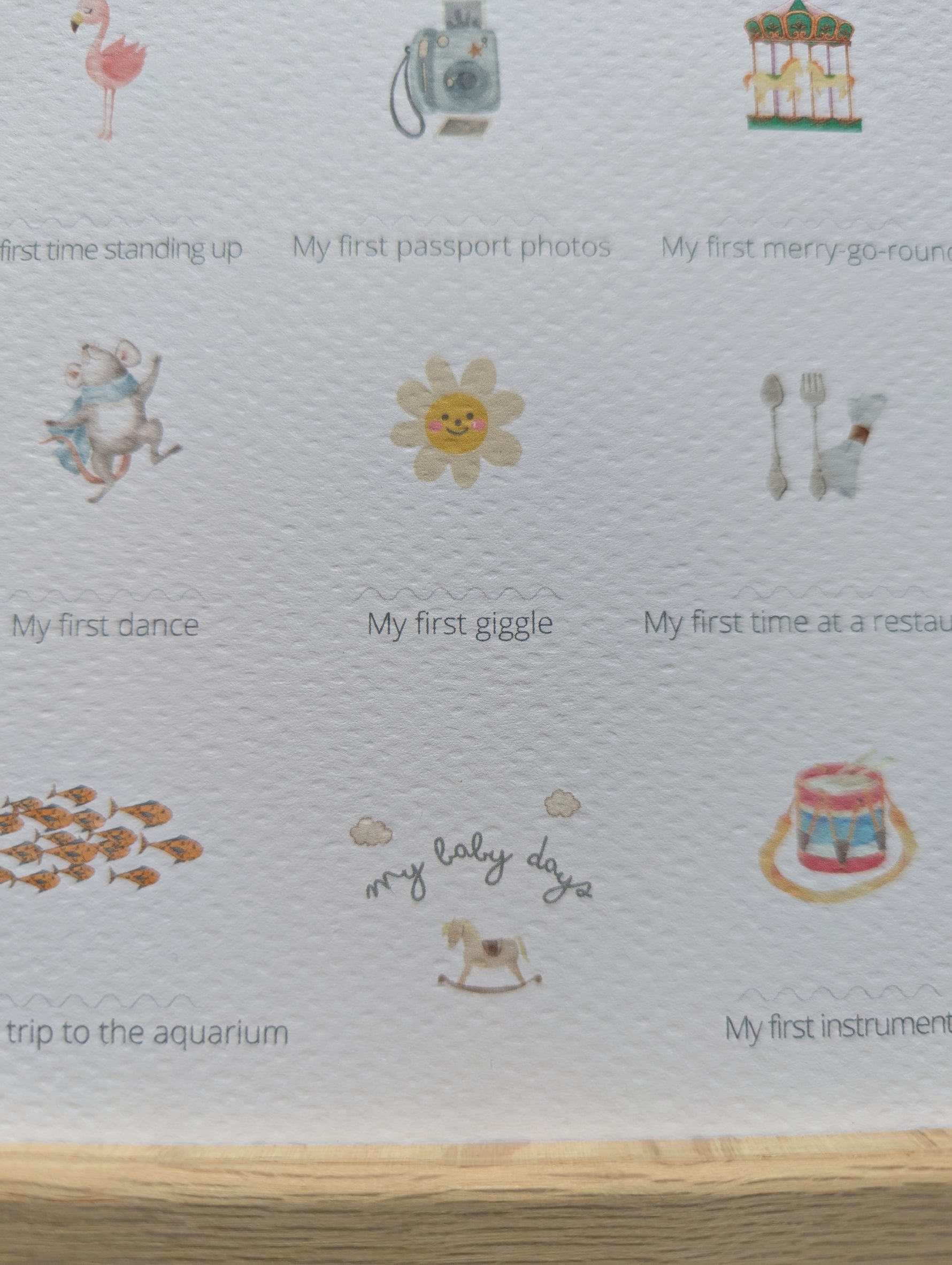 Detail of All My Firsts Goose print showing  My first giggle